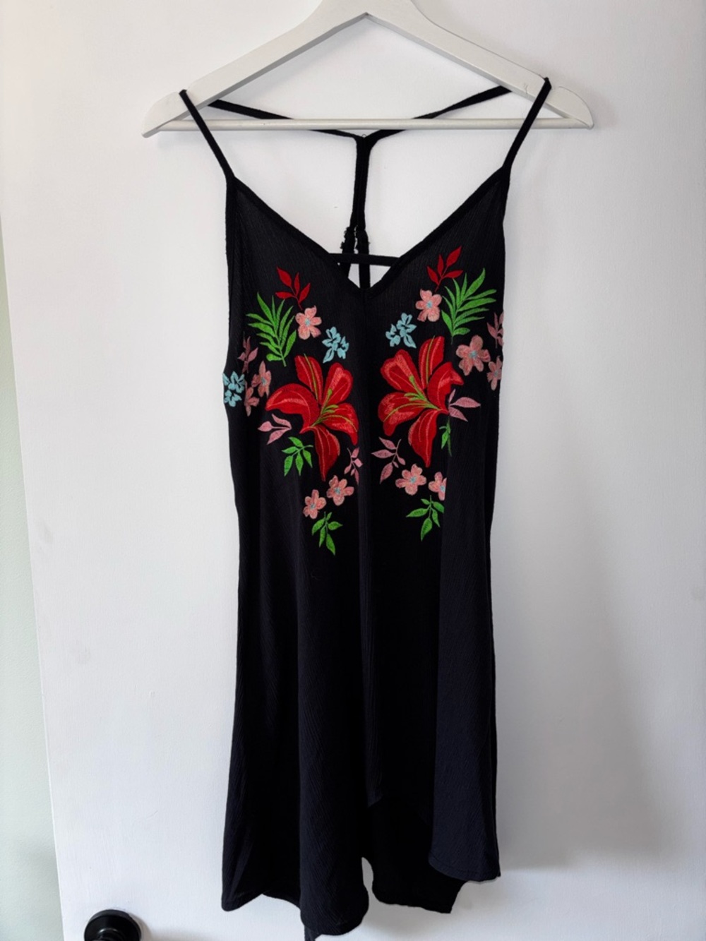 Xhilaration Black Camisole Romper with Red Floral Embroidery